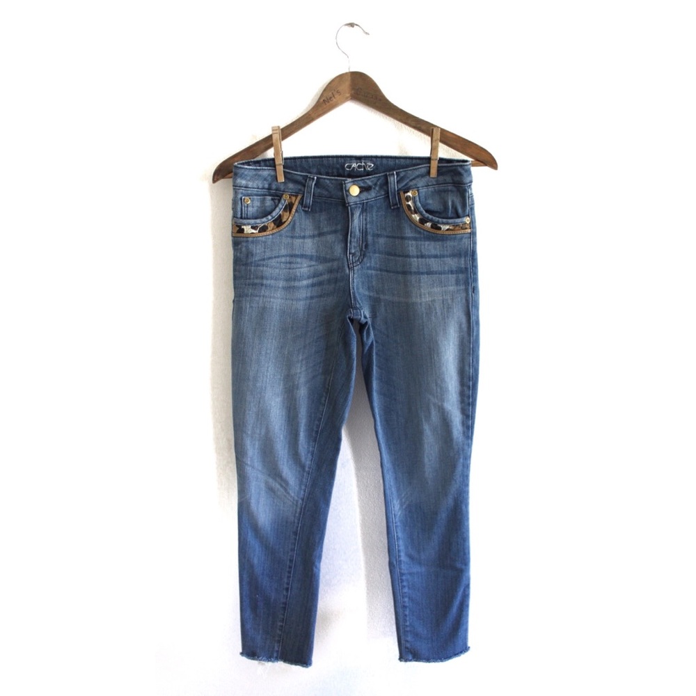 Cache Leopard Embellished Straight Cropped Jeans Fringe Frayed Hems 0 25